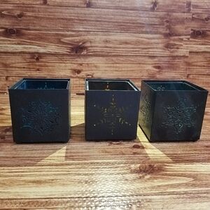Pier 1 Snowflake Metal/Glass Black Square Candle Holders Votives Three Set